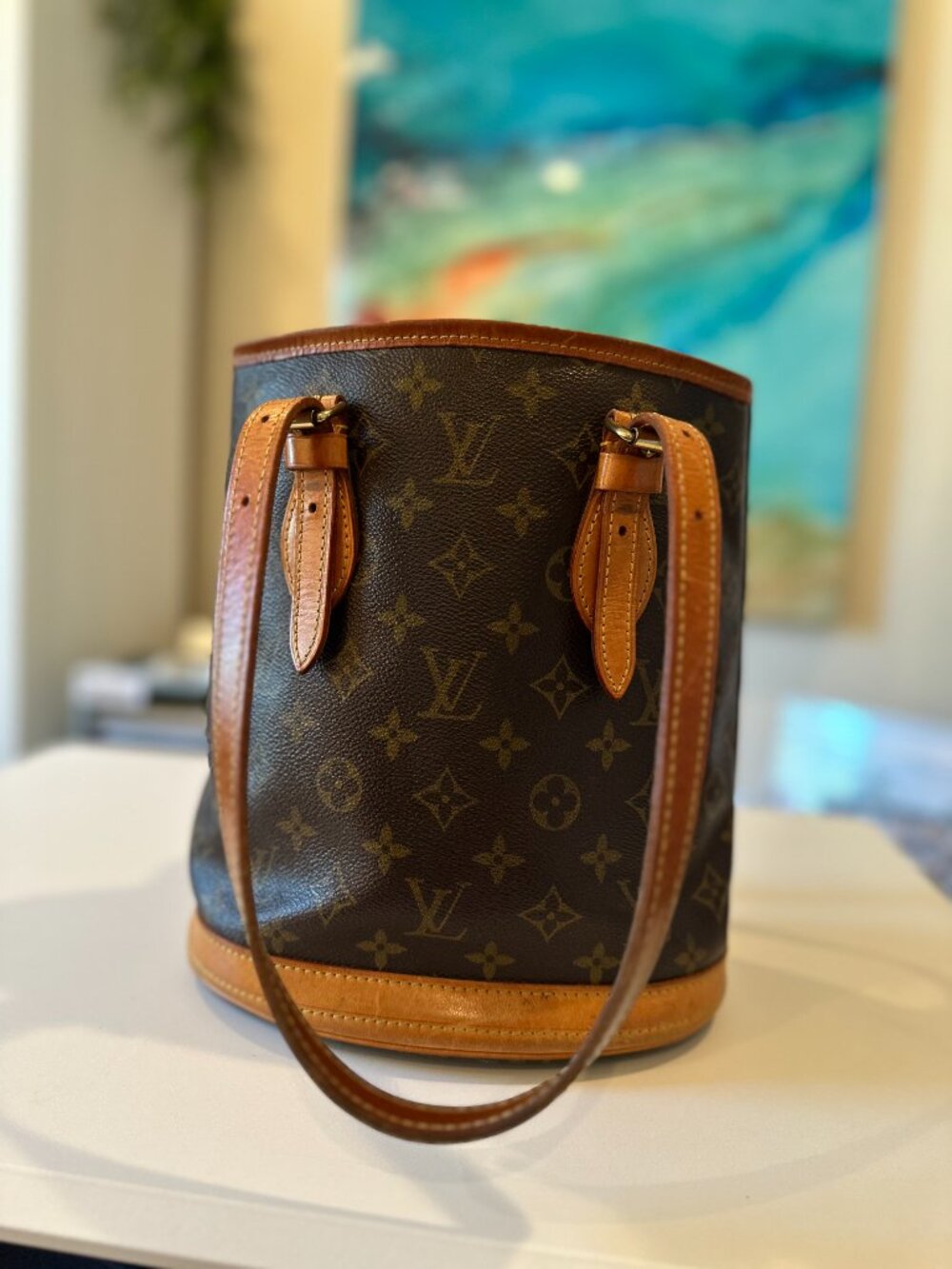 Louis Vuitton Monogram Petit Bucket PM M42238 Tote Bag w/ Pouch Excellent